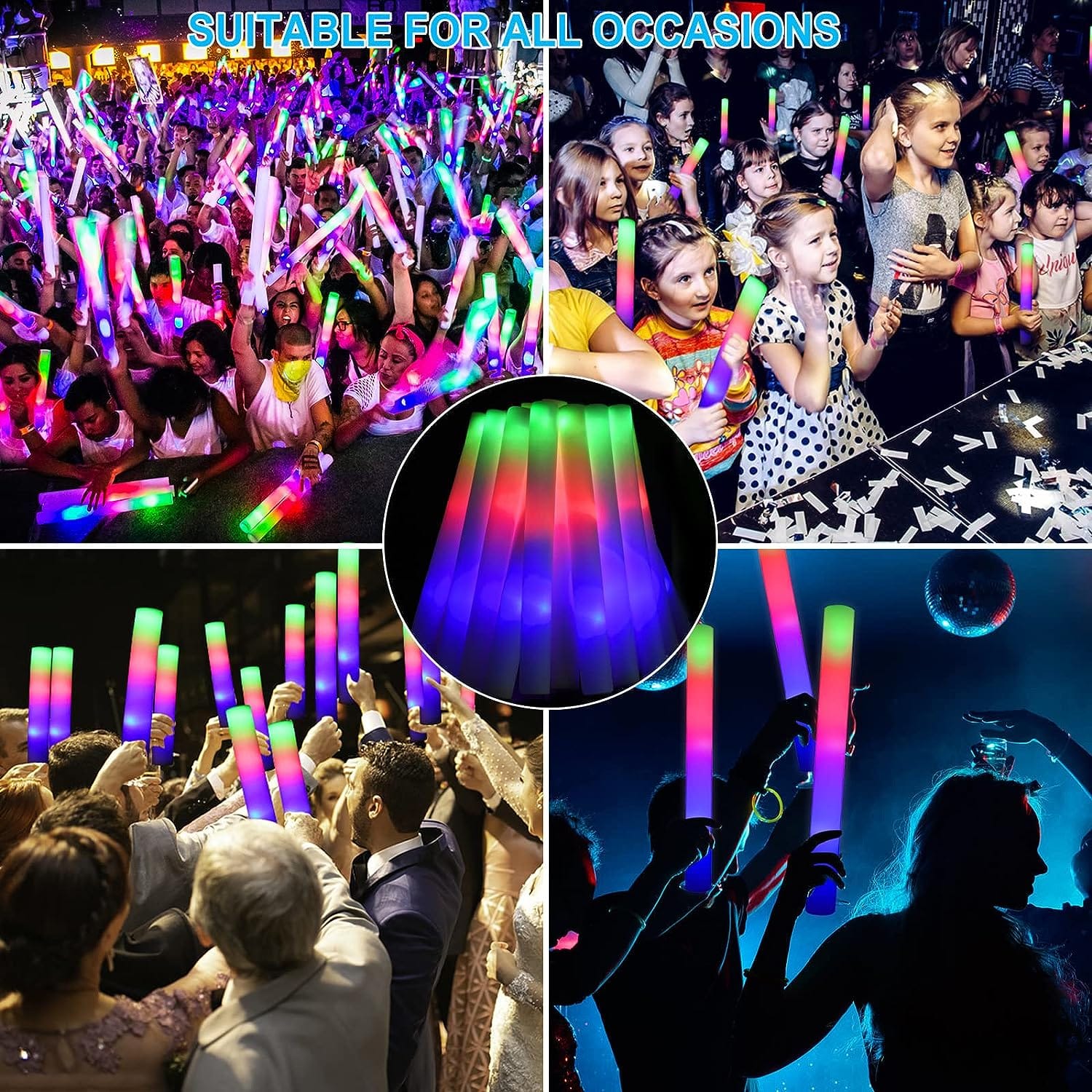 Seerootoys Light Up Foam Sticks Bulk 28 Pcs- Foam Glow Sticks With 3 Modes RGB Flashing Effect, Wedding Halloween Christmas Concert Glow Sticks, Foam Hockey Sticks Wholesale
