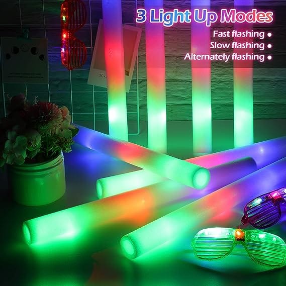 Seerootoys Light Up Foam Sticks Bulk 28 Pcs- Foam Glow Sticks With 3 Modes RGB Flashing Effect, Wedding Halloween Christmas Concert Glow Sticks, Foam Hockey Sticks Wholesale