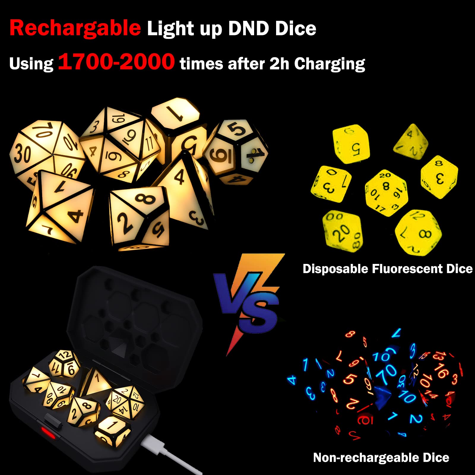 Light up LED DND Dice Sets of 7 Pack Rechargeable Electronic Dice with