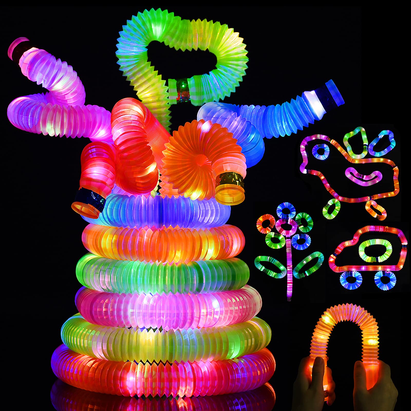Fidget Tubes Led Light up Pop Tubes, 6 Colors LED Toy Fidget Glow Tube,Glow in The Dark ...